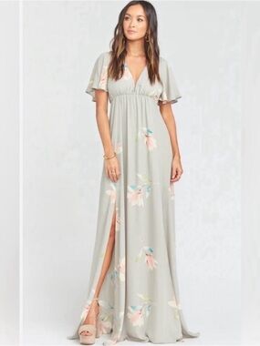 Show Me Your Mumu SMYM gray floral Faye flutter maxi Dress Lily showers NEW XXS